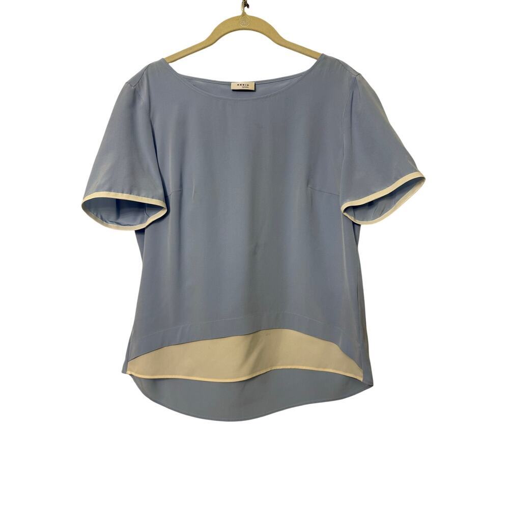 Akris Light Blue White Short Sleeve Silk Blouse Sz 8 Med